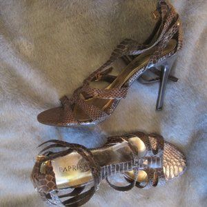 PAPRIKA BROWN REPTILE STRAPPY STILETTO HEELS 9.5